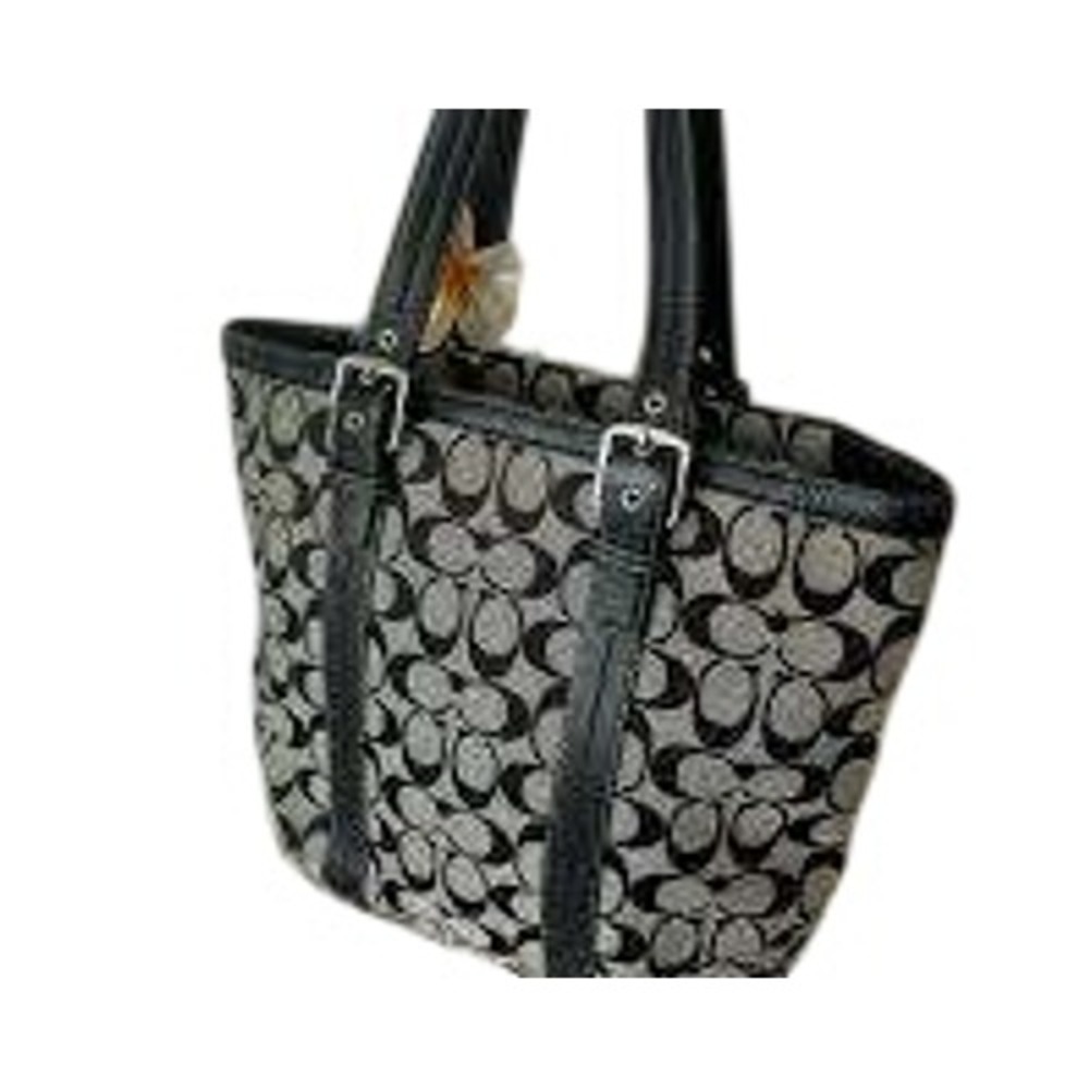 Coach Hamptons Signature Tote F12645 Black Gray Jacquard Canvas Leather Bag